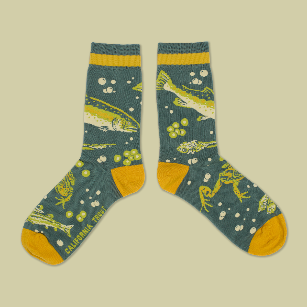 Mustard Beetle Crew Socks: Malibu Creek for CalTrout