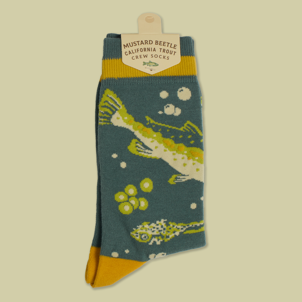 Mustard Beetle Crew Socks: Malibu Creek for CalTrout