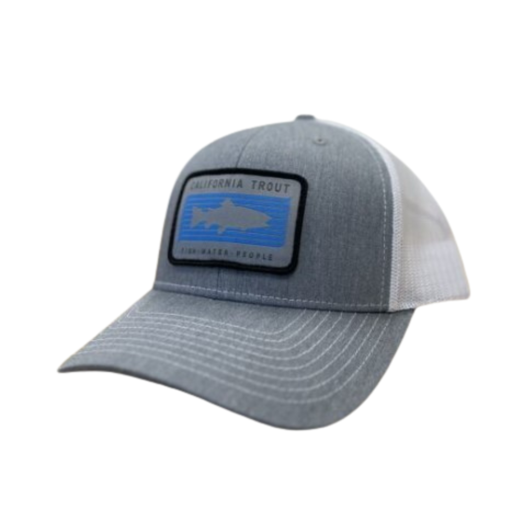 CalTrout Trucker Hat – Grey/White with Woven Patch