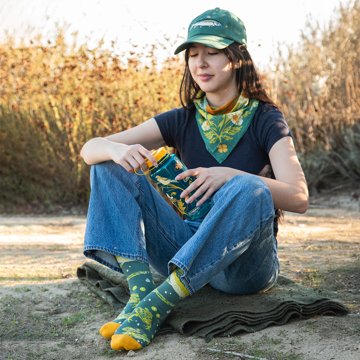 Mustard Beetle Crew Socks: Malibu Creek for CalTrout