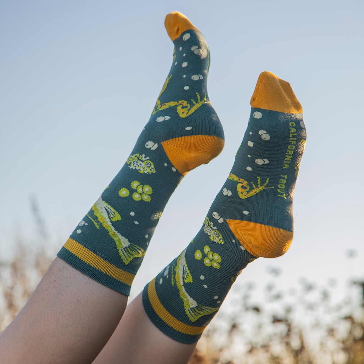Mustard Beetle Crew Socks: Malibu Creek for CalTrout