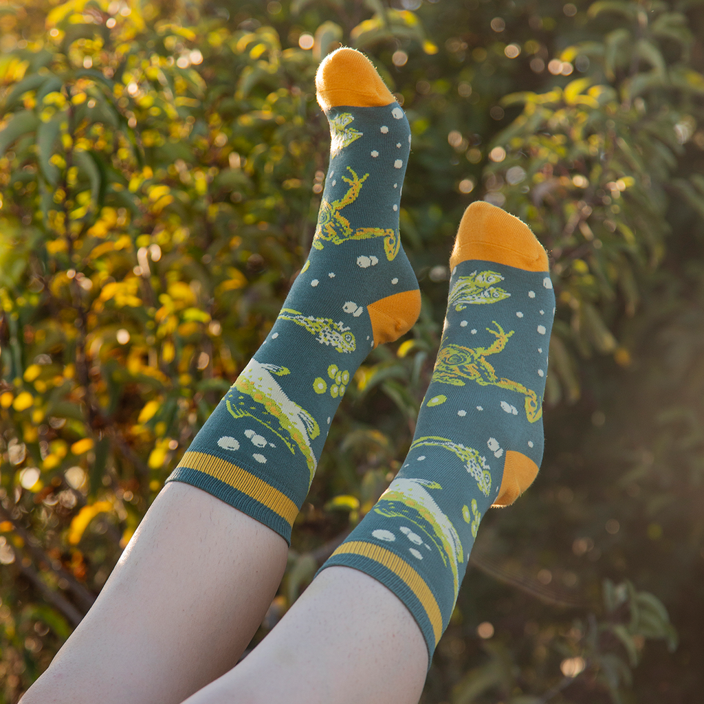 Mustard Beetle Crew Socks: Malibu Creek for CalTrout